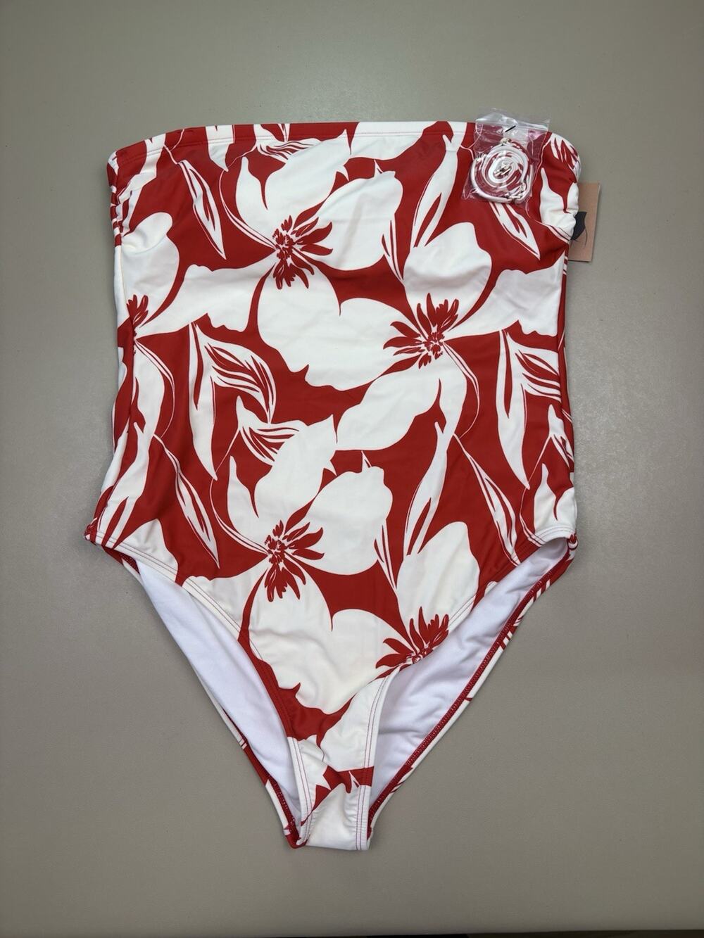 Shade Shore One Piece Swimsuit L Red White Floral Strapless High Leg NWT